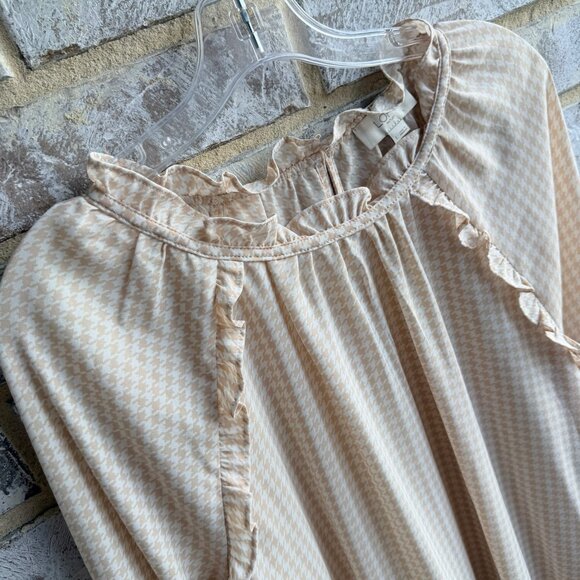 Loft Ruffled Long Sleeve Round Neck Beige/Cream Houndstooth Blouse Size L - Picture 5 of 7
